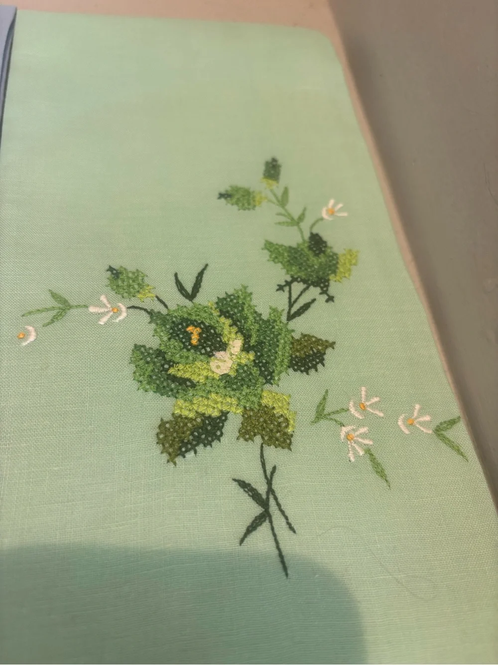 3 Floral Embroidered Linen kitchen bath napkin vintage blue pink  pastel hand